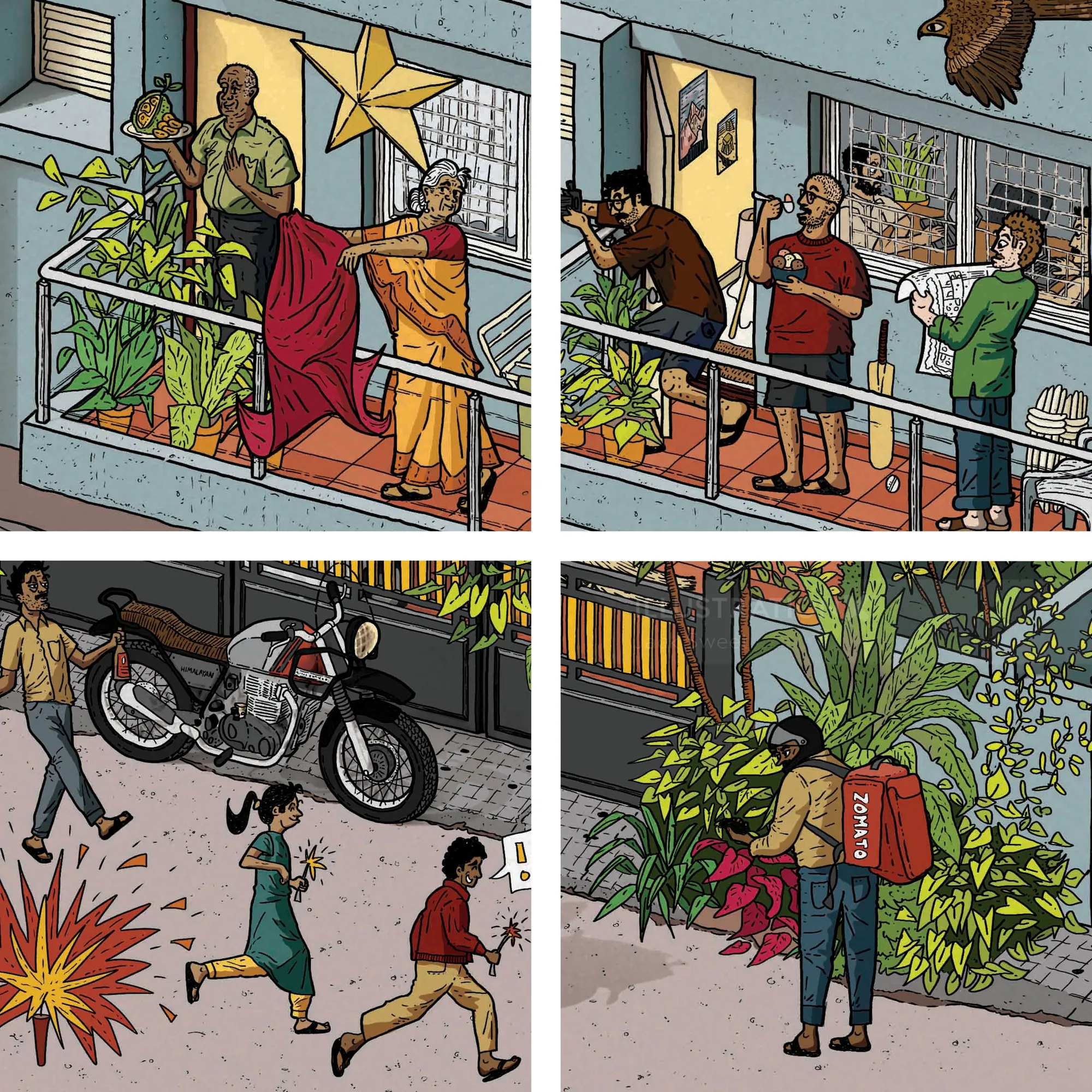Urban living artwork showing daily life in Bengaluru apartments