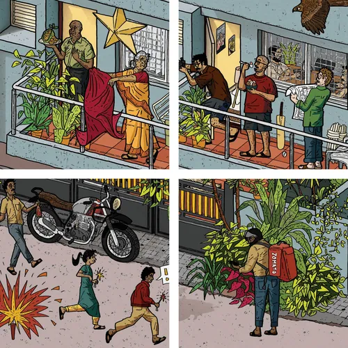 Urban living artwork showing daily life in Bengaluru apartments