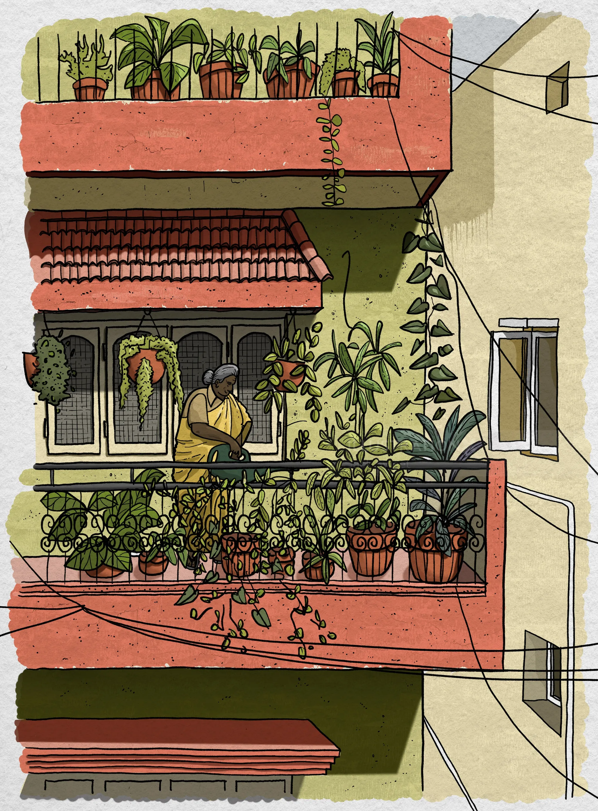Balcony with potted plants and woman in Bengaluru street, Jack Sweet