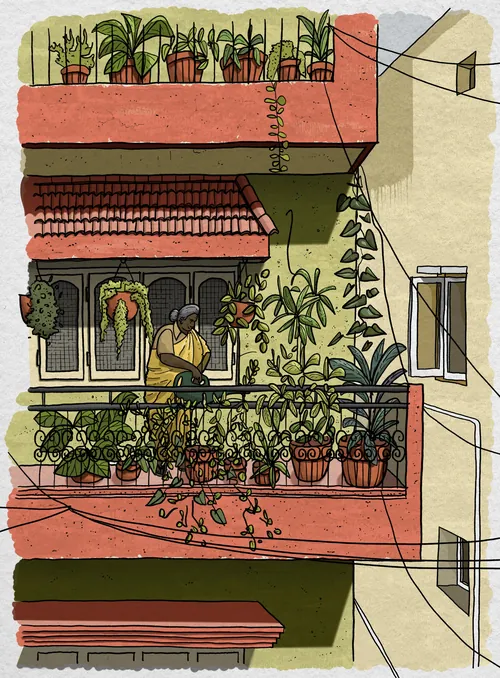 Balcony with potted plants and woman in Bengaluru street, Jack Sweet