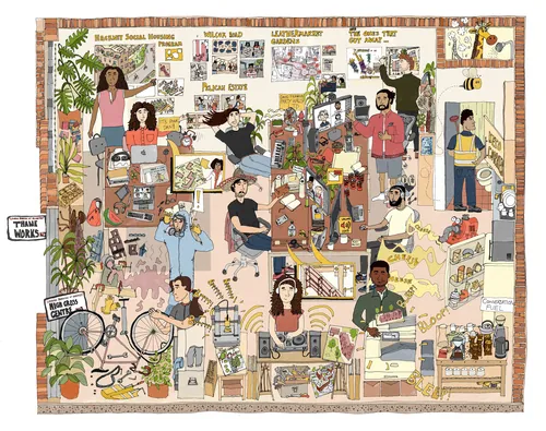Busy architecture office scene with diverse people by Jack Sweet