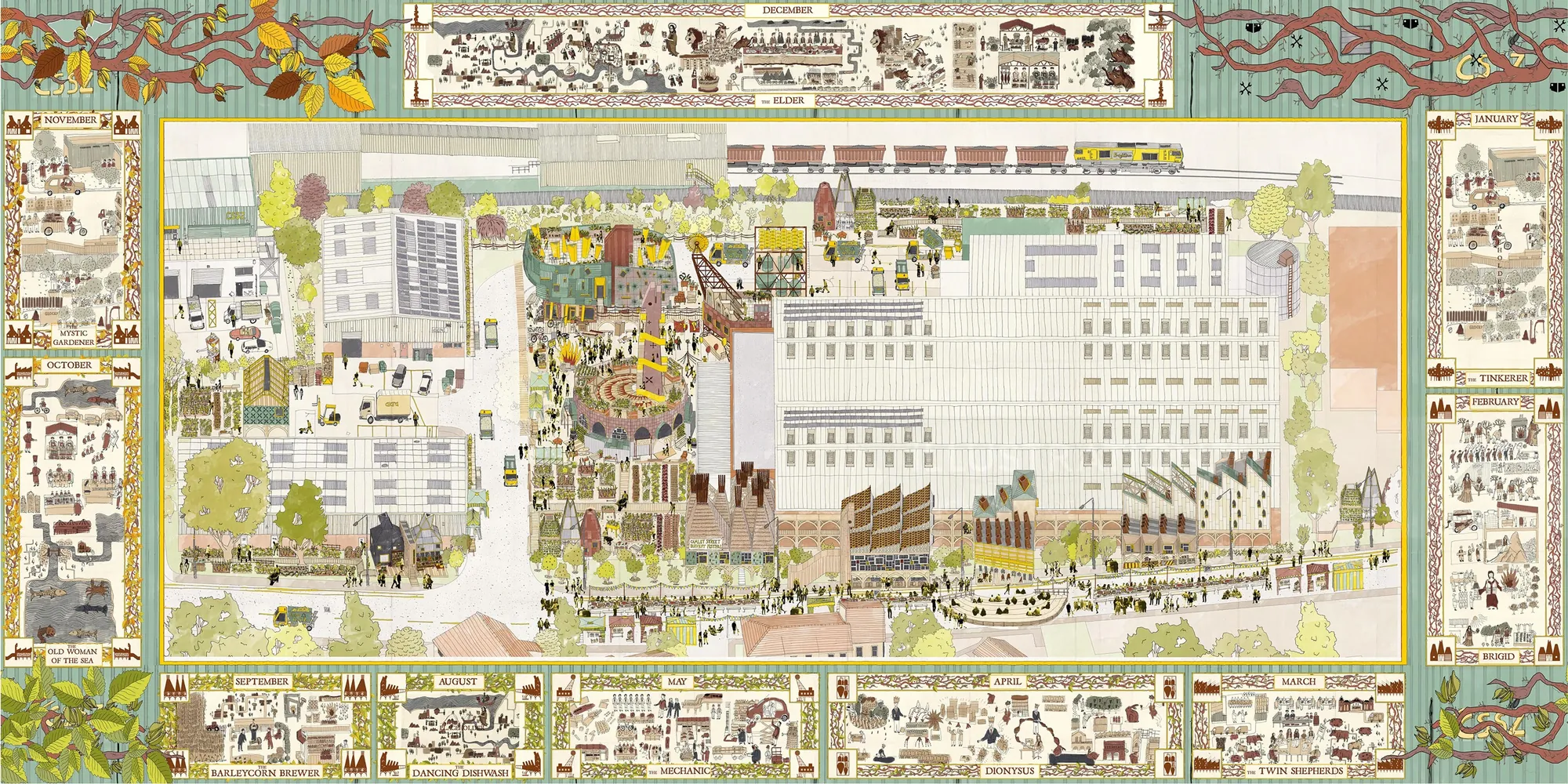 Drawing of playful temporary structures linking food makers and community by Jack Sweet