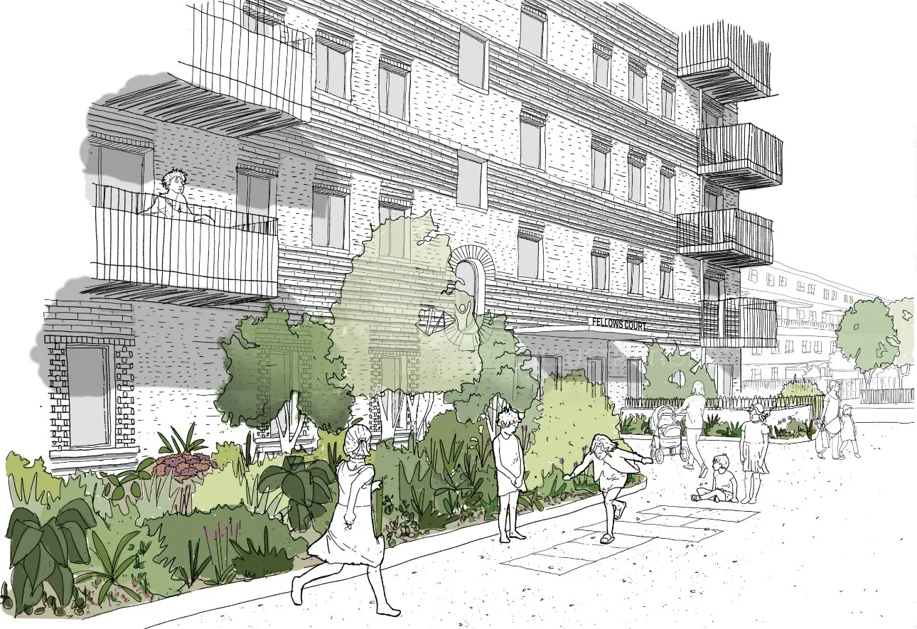 Architectural sketch of social housing with people in outdoor communal space by Jack Sweet