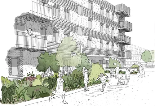 Architectural sketch of social housing with people in outdoor communal space by Jack Sweet