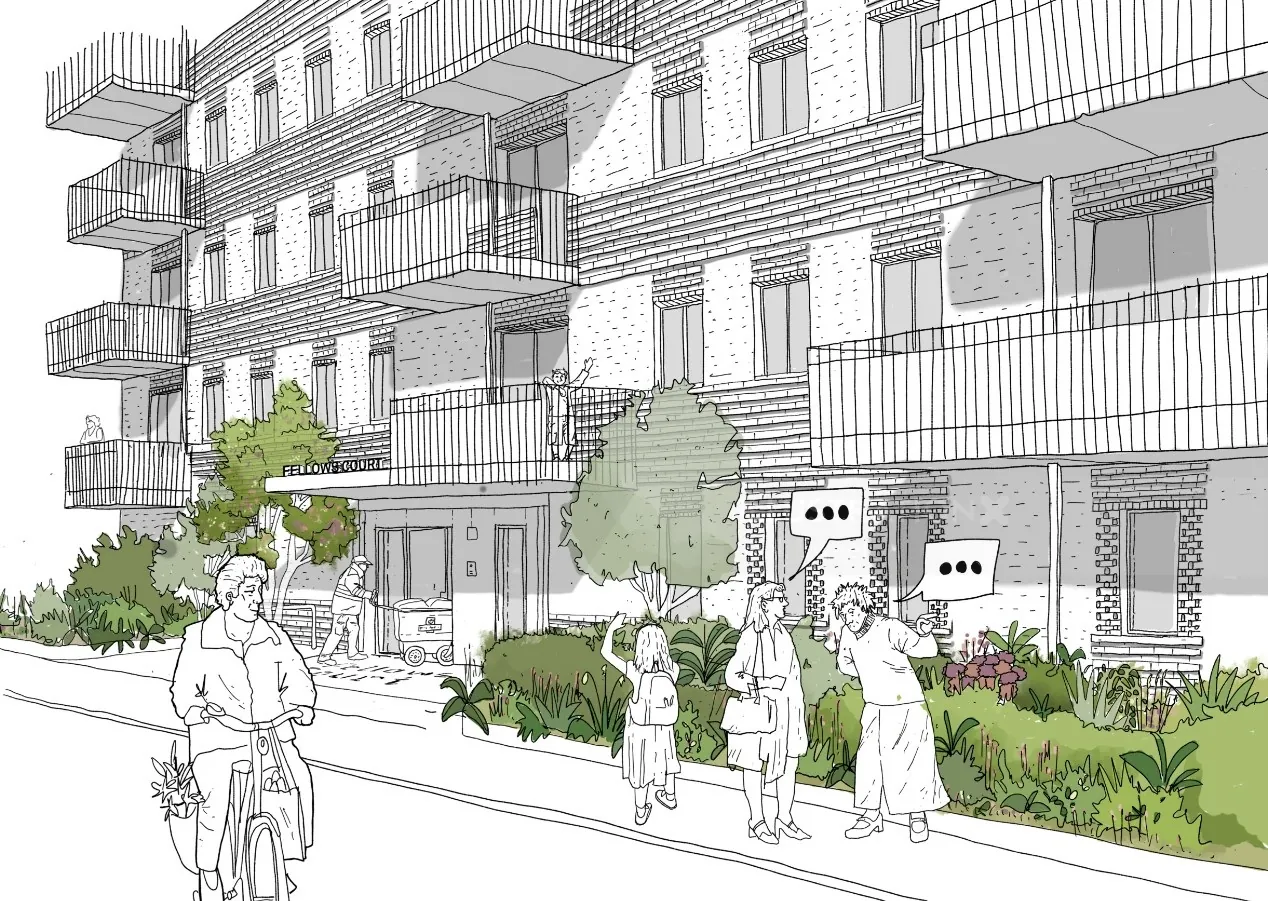 Architectural sketch of social housing with people interacting, by Jack Sweet