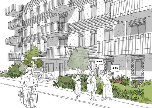 Architectural sketch of social housing with people interacting, by Jack Sweet