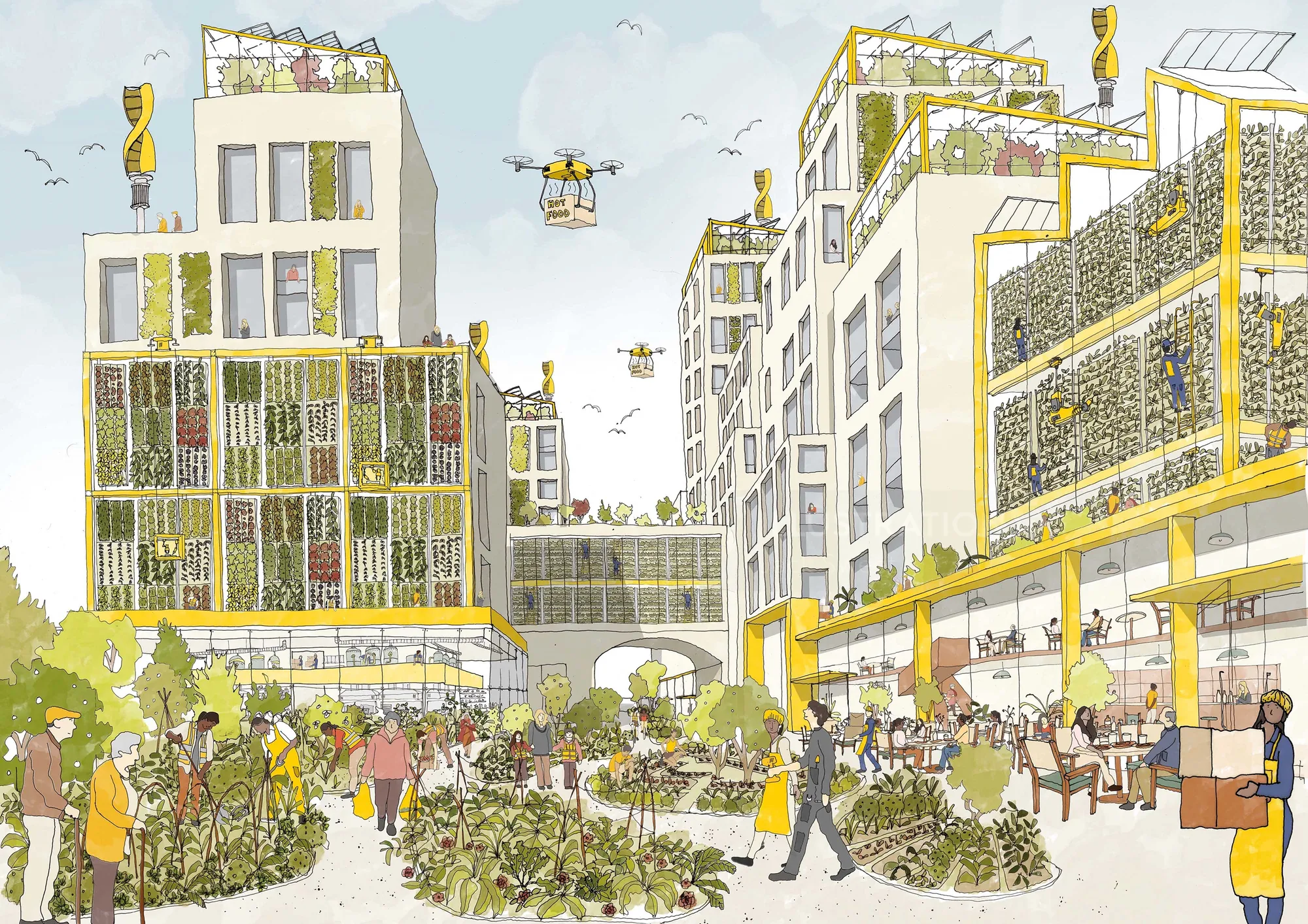 Illustration of mixed-use urban development with green spaces by Jack Sweet