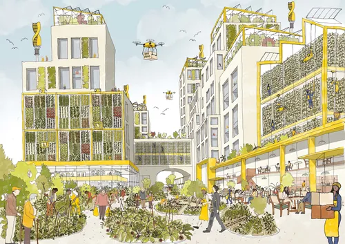 Illustration of mixed-use urban development with green spaces by Jack Sweet