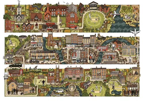 Colorful life map artwork by Jack Sweet showing buildings and parks