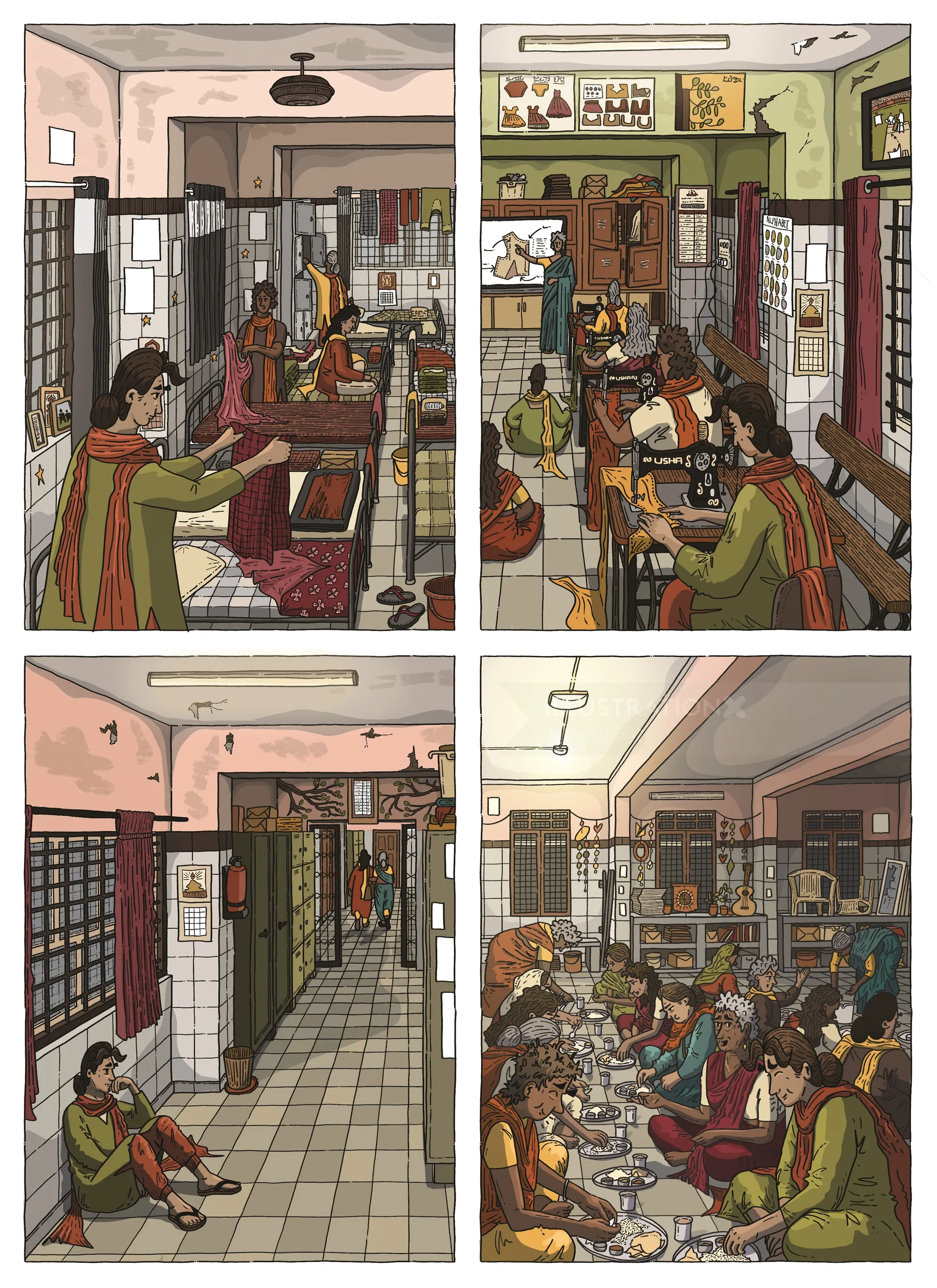 Illustration showing daily activities inside a government psychiatric care home by Jack Sweet