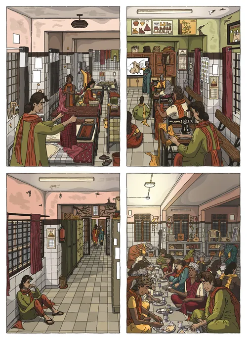 Illustration showing daily activities inside a government psychiatric care home by Jack Sweet