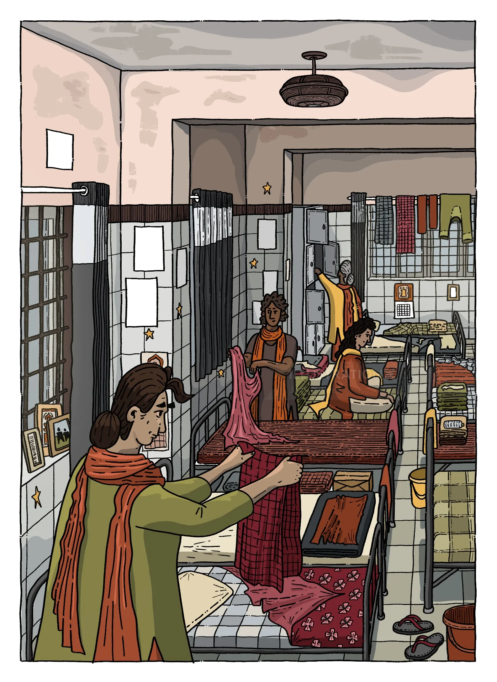 Illustration of residents performing daily activities at a psychiatric care home by Jack Sweet