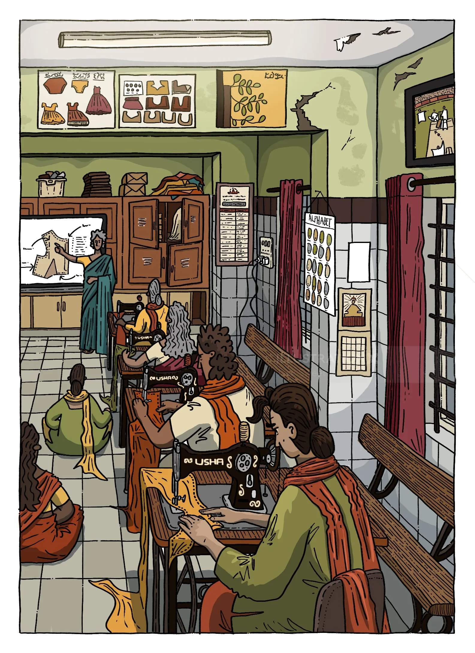 Illustration showing residents in a crowded government psychiatric home, by Jack Sweet