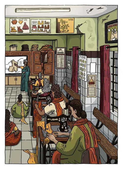 Illustration showing residents in a crowded government psychiatric home, by Jack Sweet
