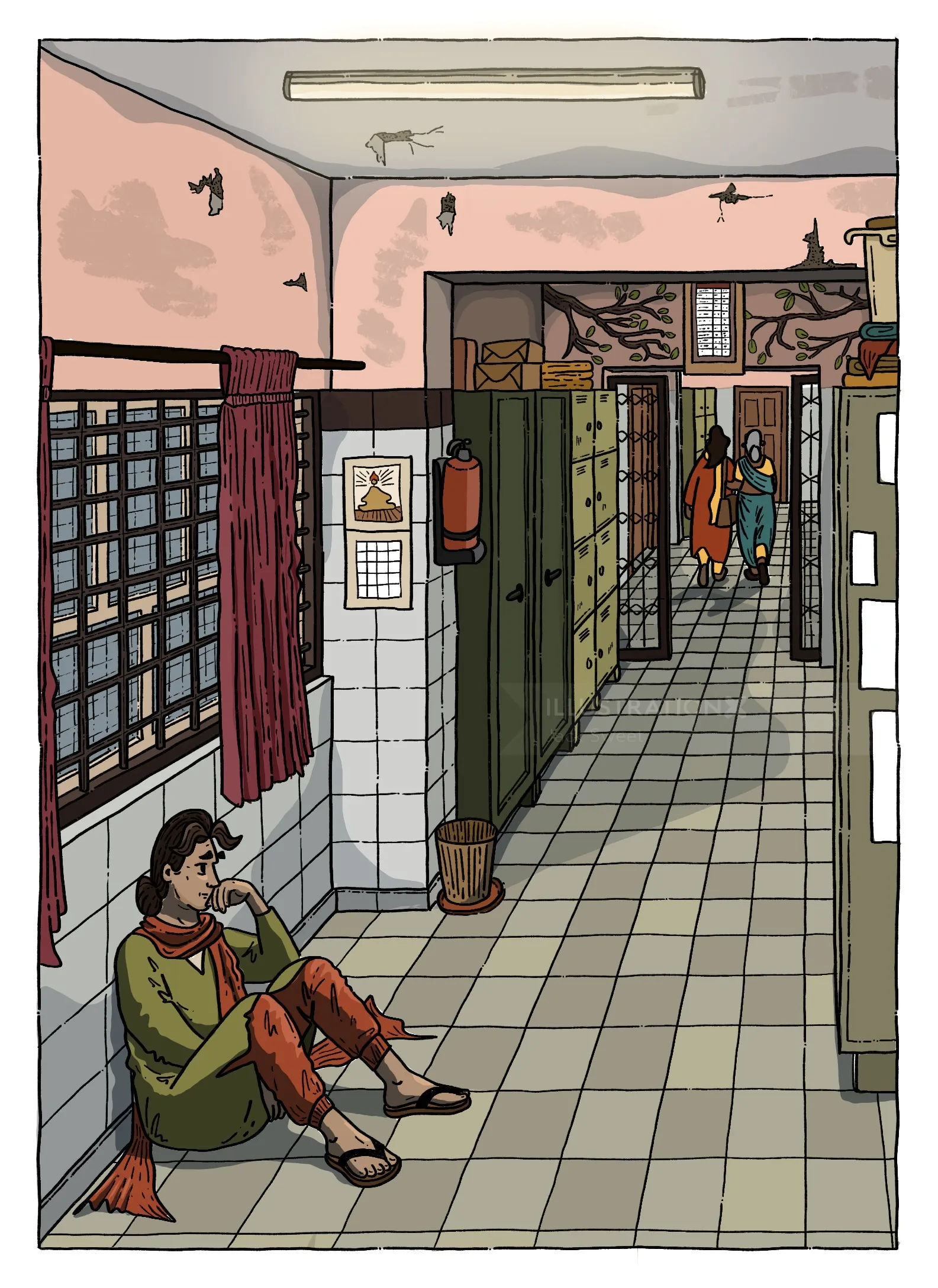 Illustration of corridor in psychiatric home with seated and walking residents by Jack Sweet