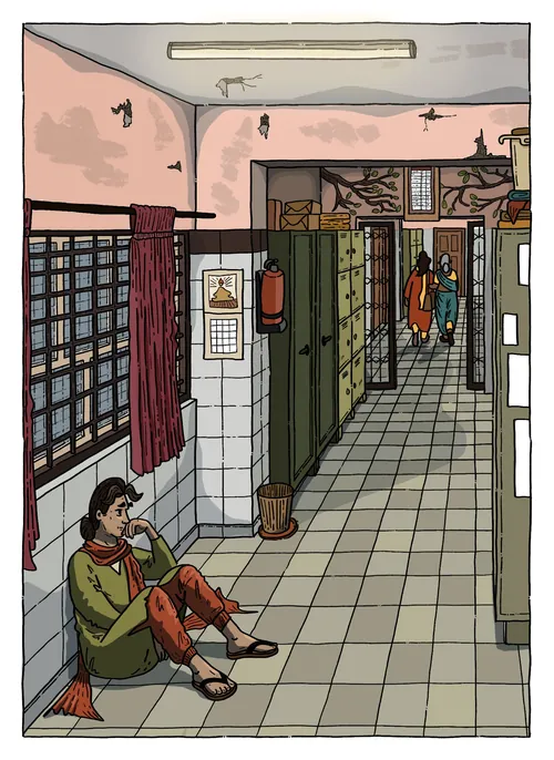 Illustration of corridor in psychiatric home with seated and walking residents by Jack Sweet
