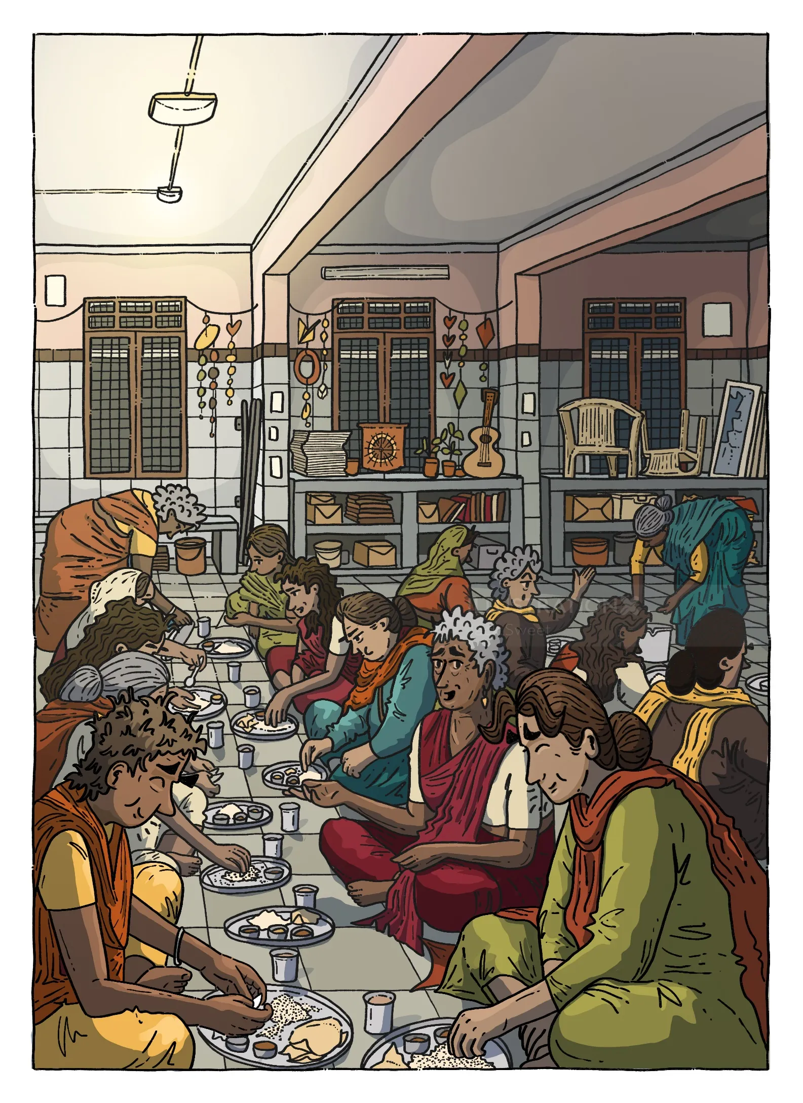 Illustration of residents eating together in a government psychiatric home by Jack Sweet