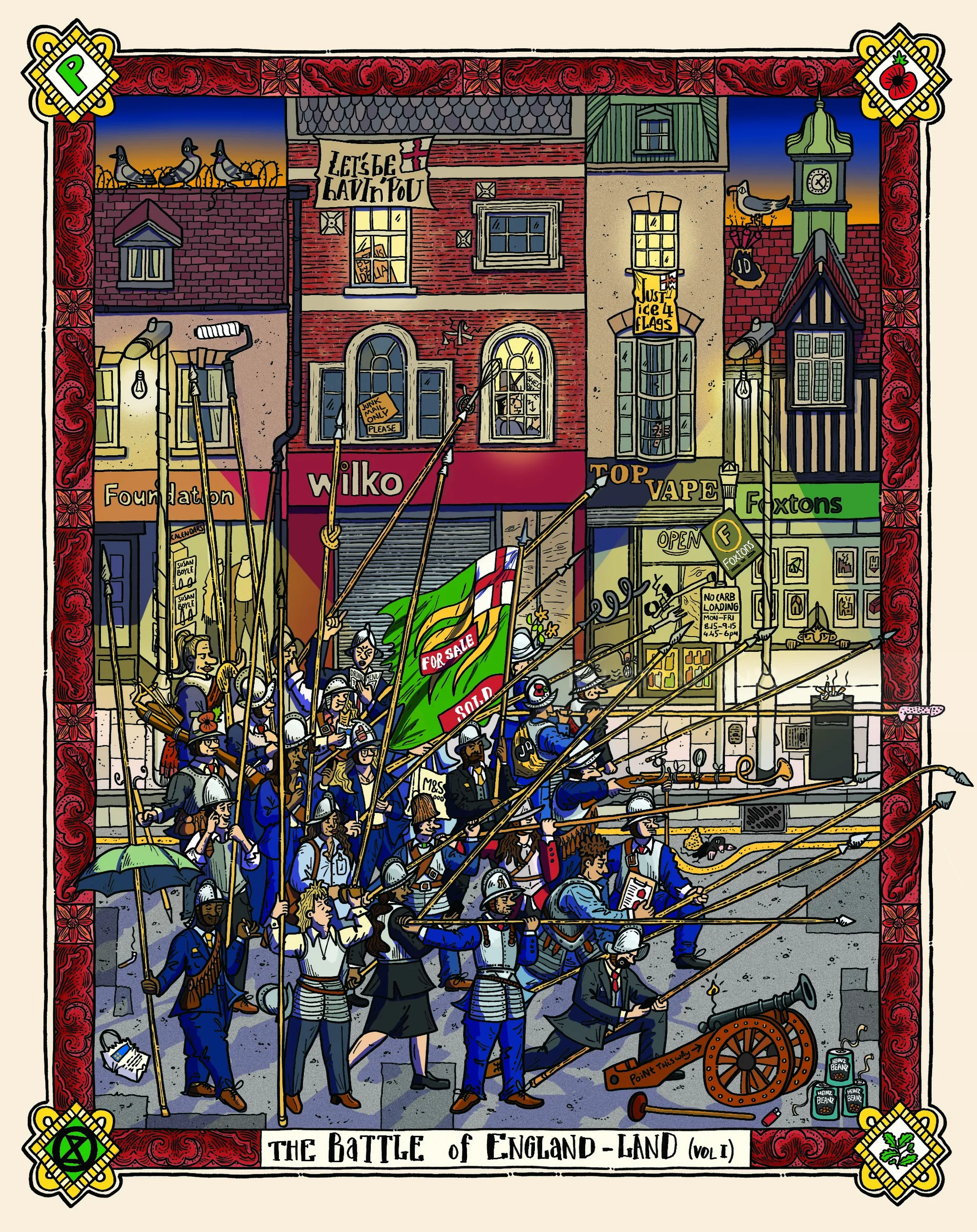 Illustration of soldiers with pikes and cannon in a city street by Jack Sweet
