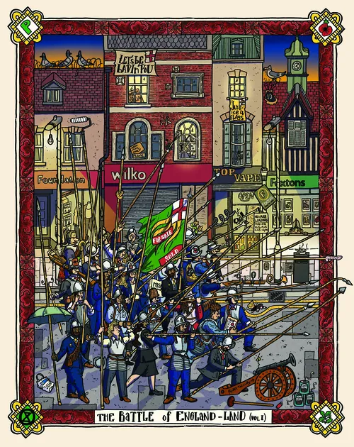 Illustration of soldiers with pikes and cannon in a city street by Jack Sweet