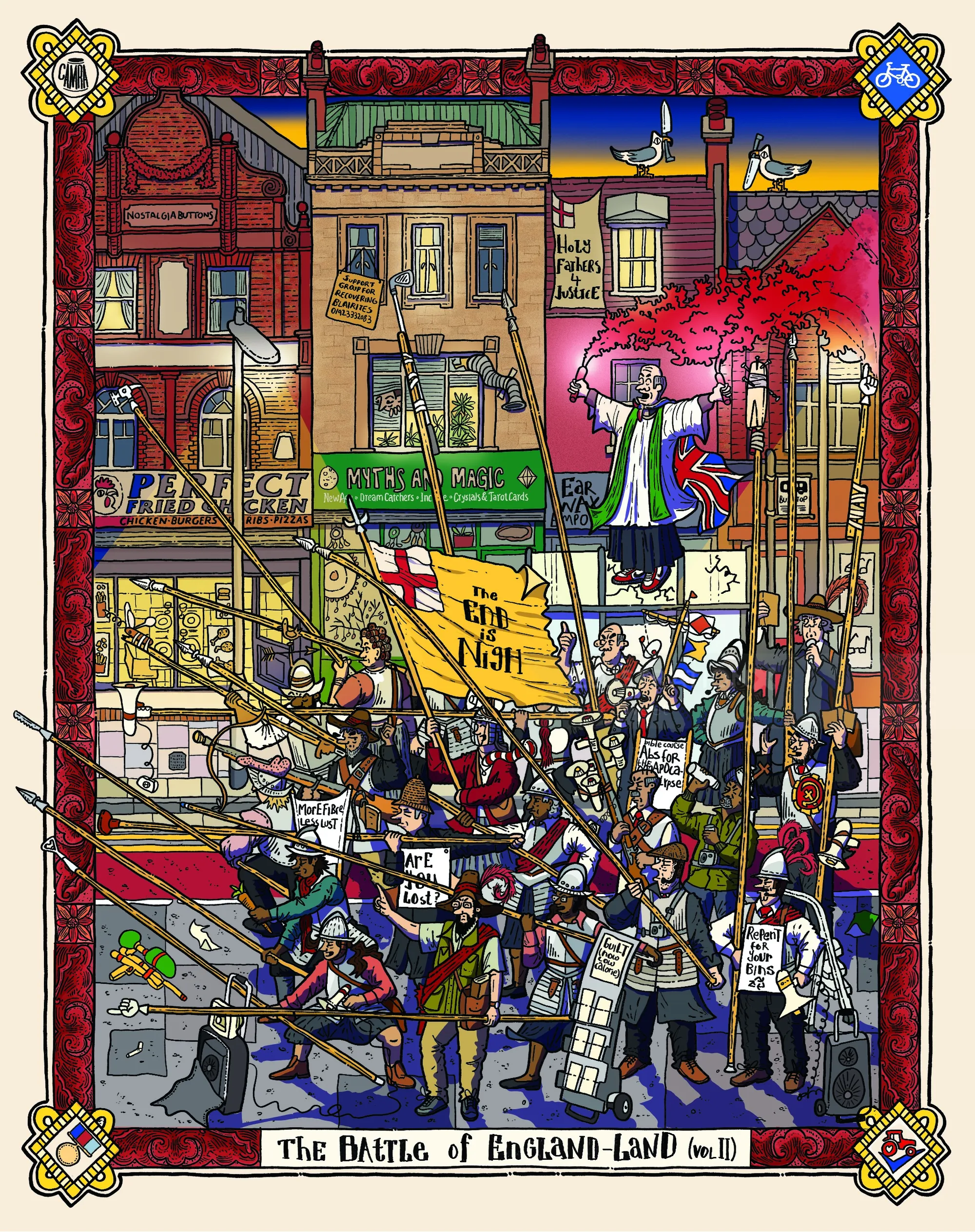 Colorful medieval battle scene in town with soldiers and banners by Jack Sweet