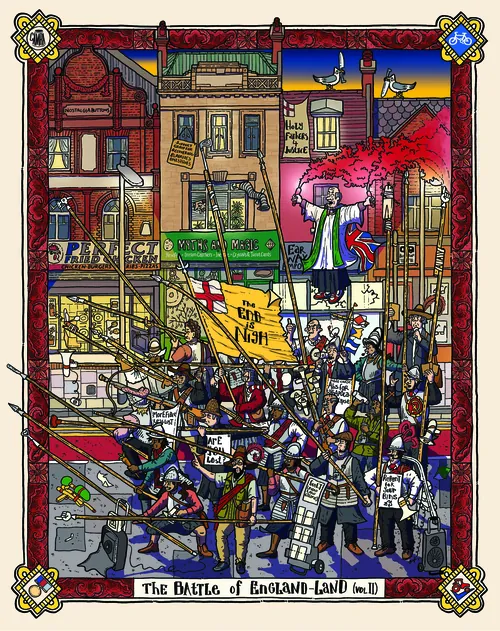 Colorful medieval battle scene in town with soldiers and banners by Jack Sweet
