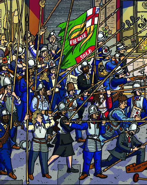 Battle of England-Land scene showing soldiers and flags by Jack Sweet