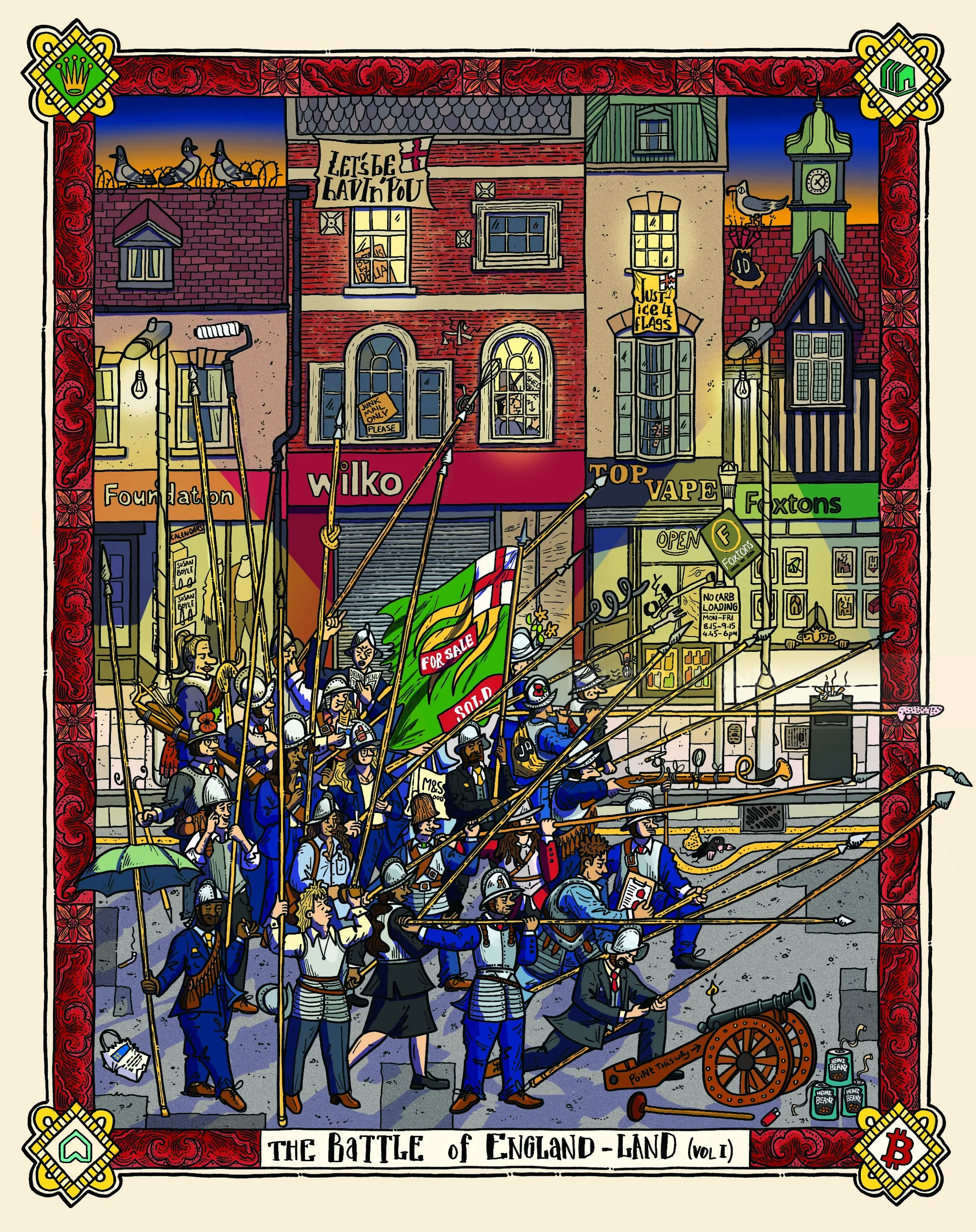Illustration of marching soldiers in a historic English town by Jack Sweet