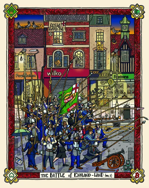 Illustration of marching soldiers in a historic English town by Jack Sweet