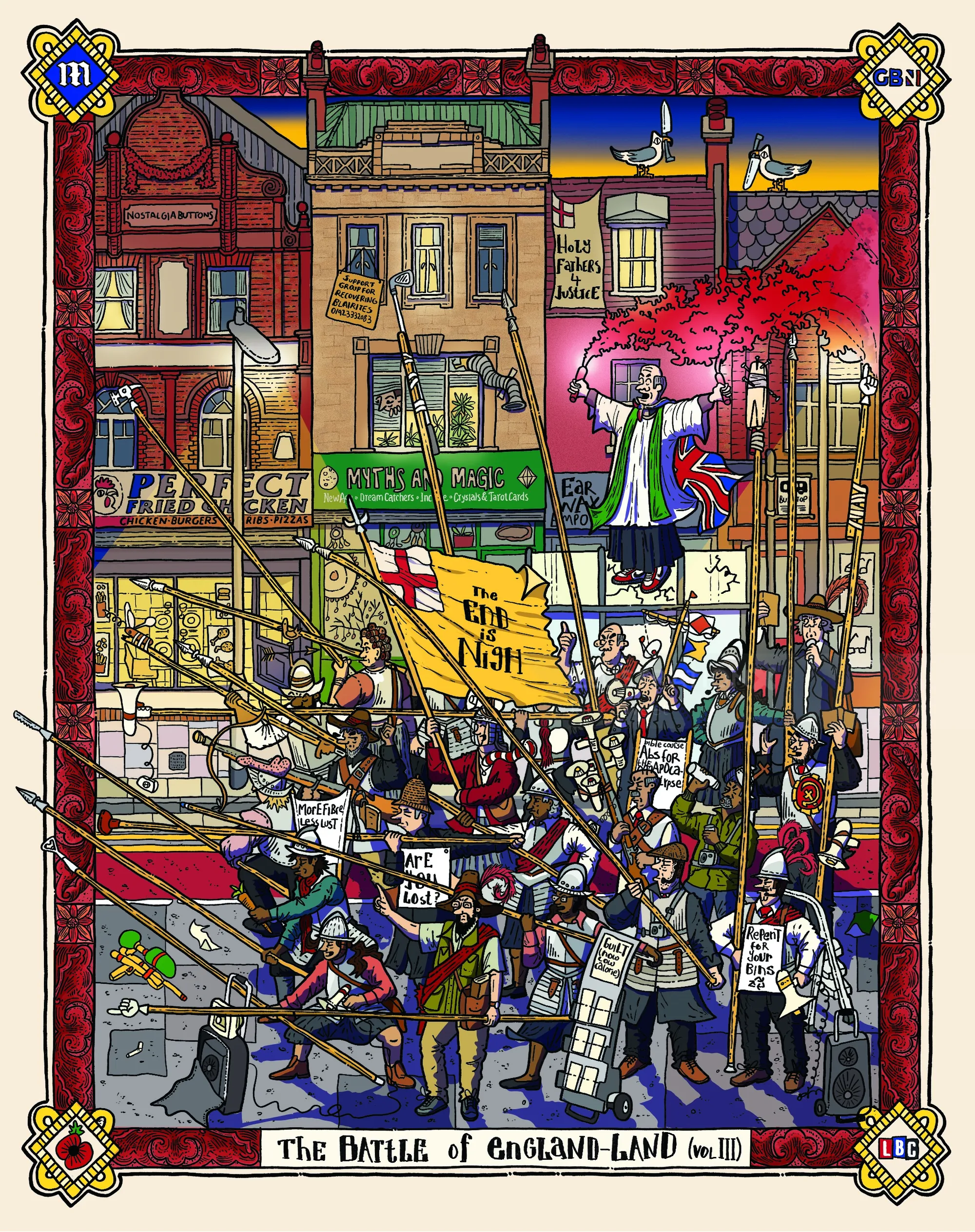 Colorful medieval battle scene with soldiers and buildings, by Jack Sweet