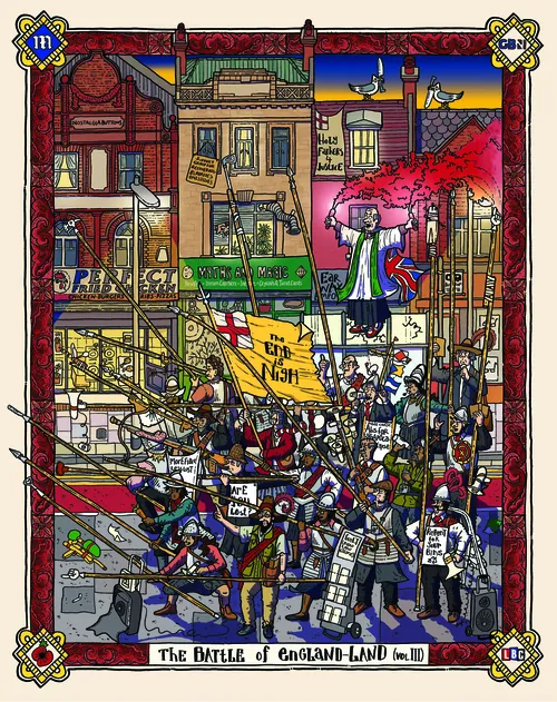 Colorful medieval battle scene with soldiers and buildings, by Jack Sweet