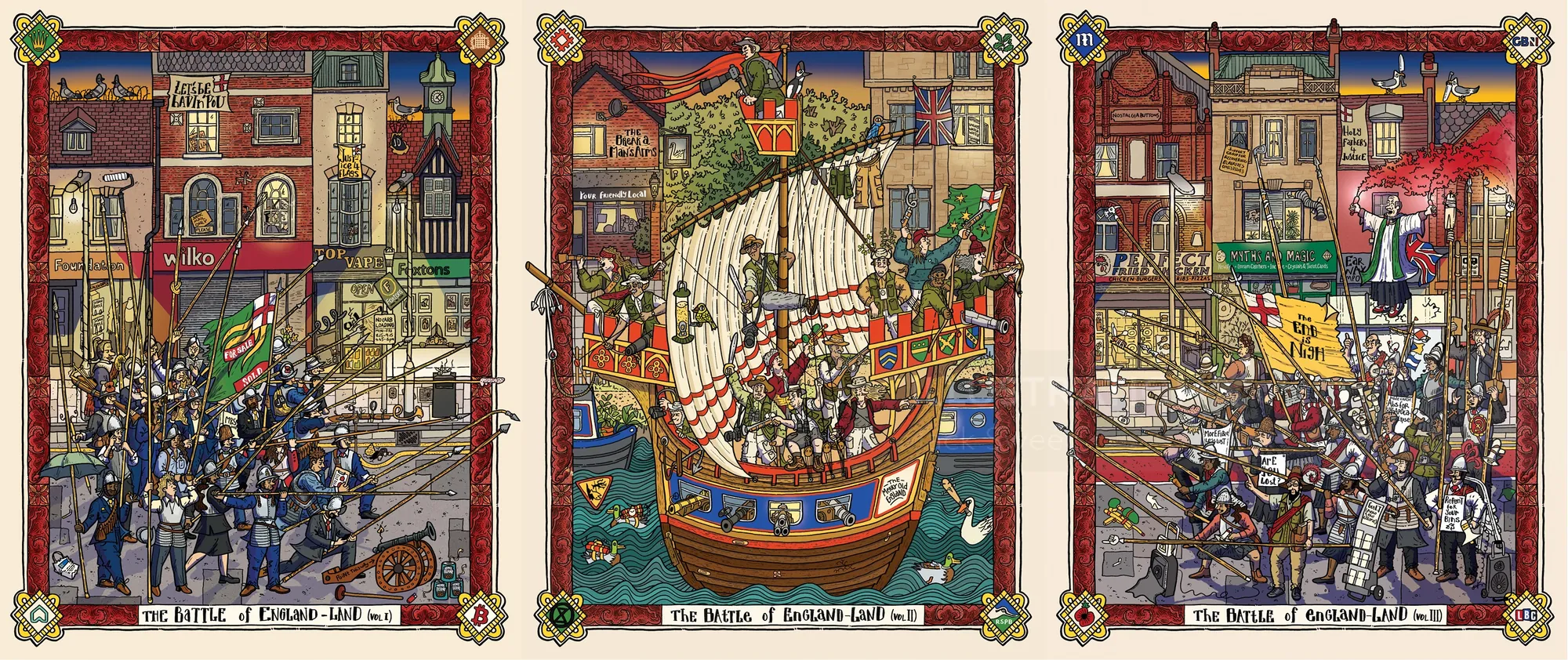 Triptych depicting England's cultural conflict with symbolic scenes by Jack Sweet