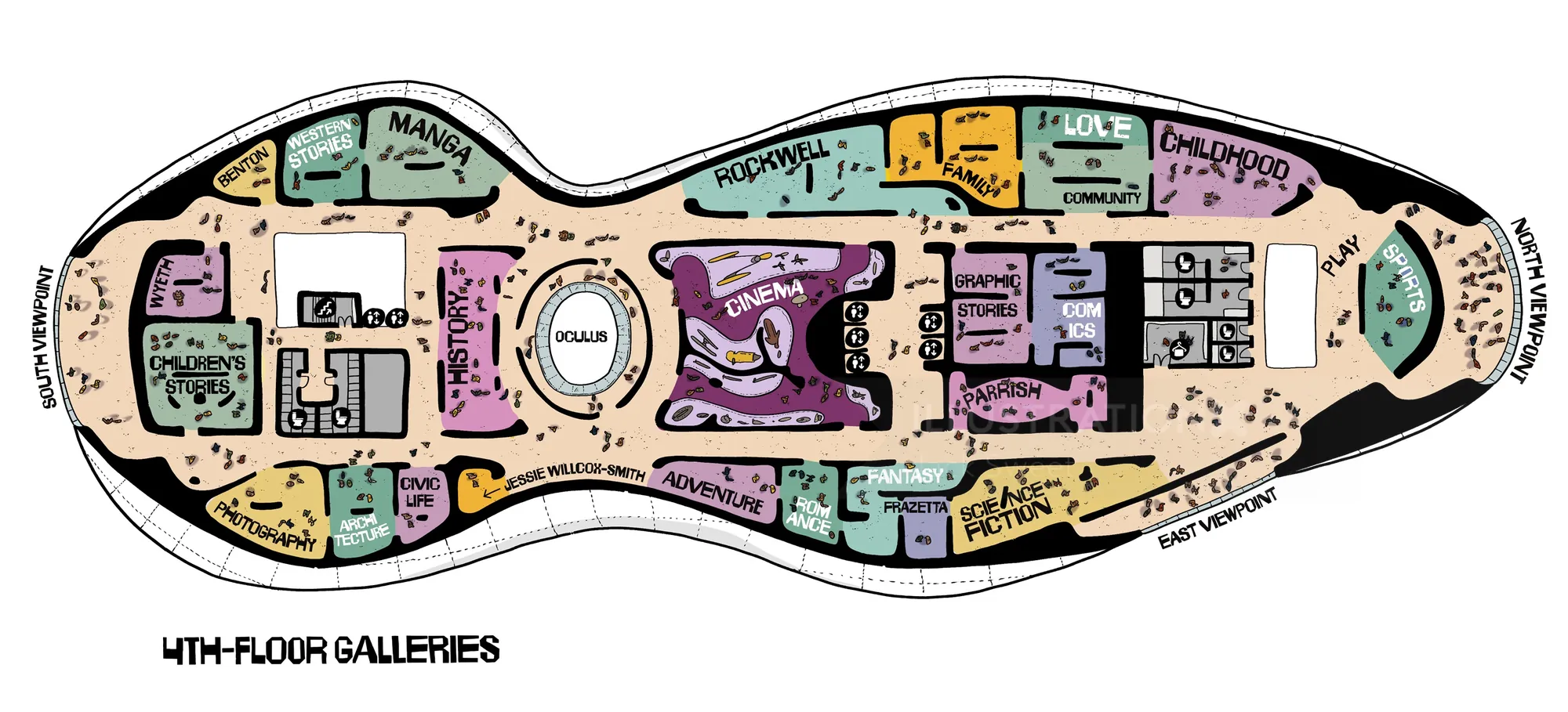 Jack Sweet illustrated map of the George Lucas Museum interior galleries