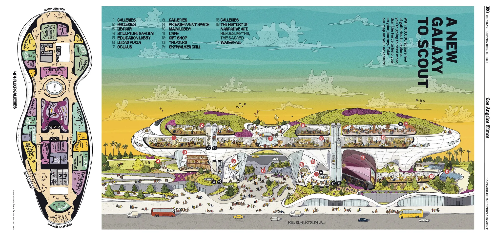 Jack Sweet's illustrated map of the George Lucas Museum of Narrative Art