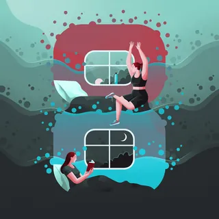 Two women near windows, one reading and one stretching, digital art by Jacob Stead