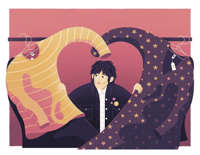 Illustration of person between two patterned jackets by Jacob Stead