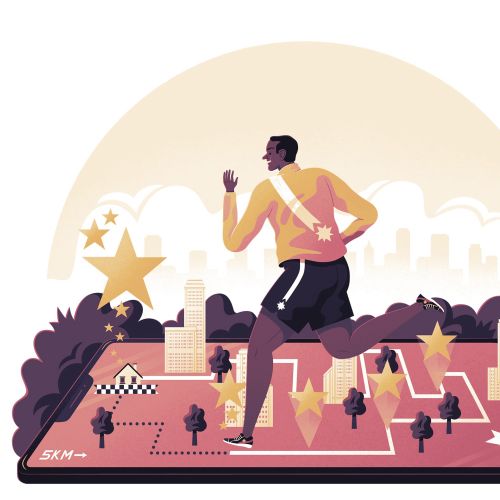 Illustration of a male runner on a stylized race track by Jacob Stead