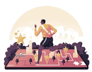 Illustration of a male runner on a stylized race track by Jacob Stead