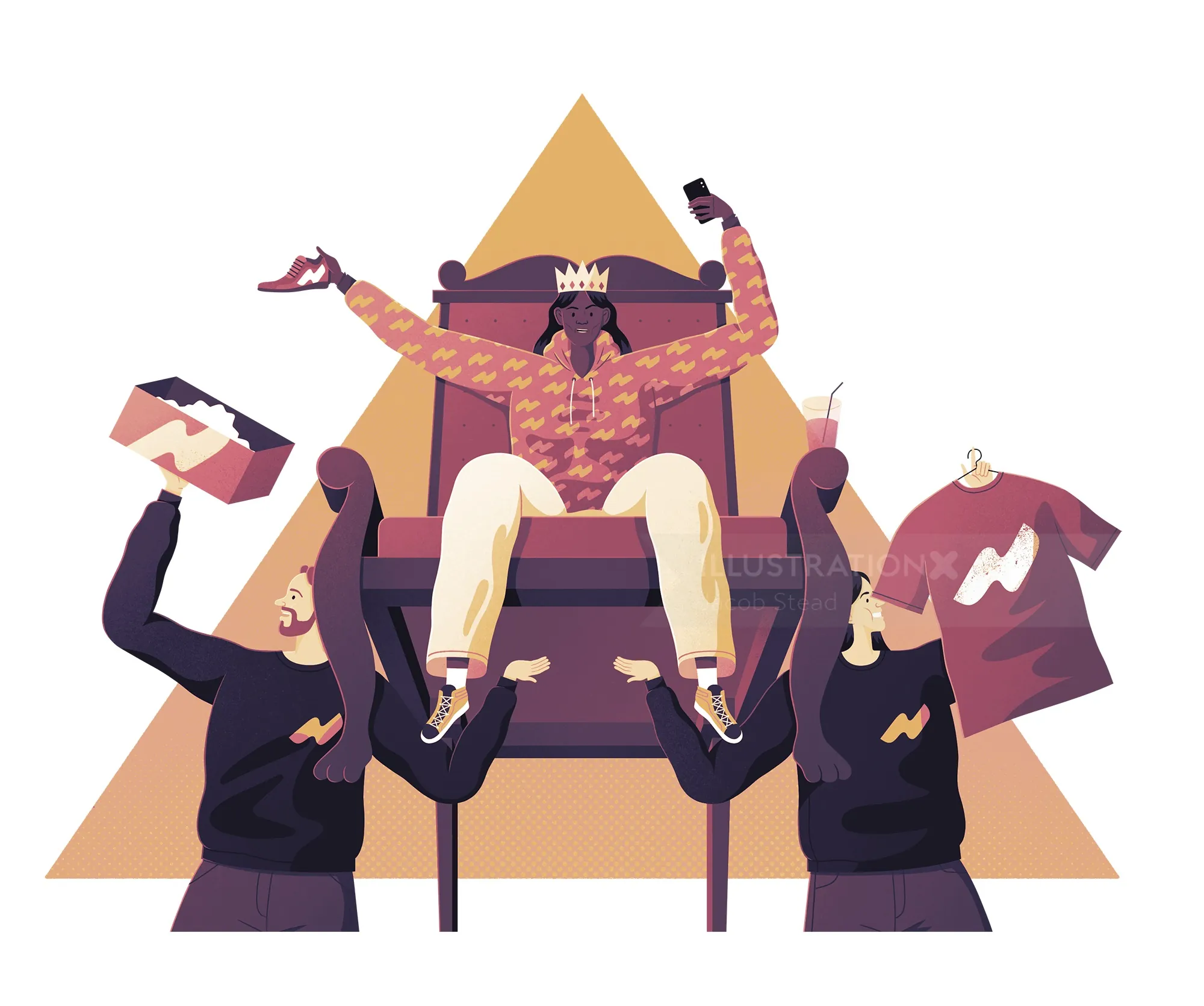 Person on throne with crown and two supporters holding shoes and shirts by Jacob Stead