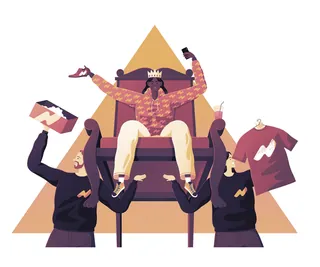 Person on throne with crown and two supporters holding shoes and shirts by Jacob Stead