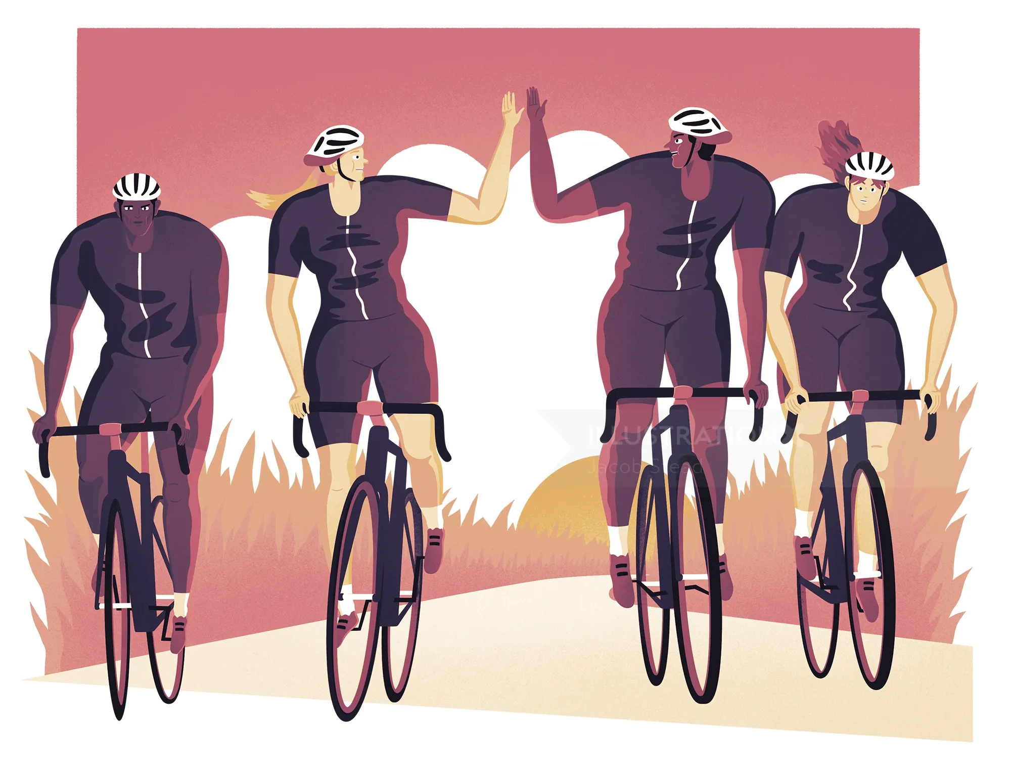 Four cyclists riding together on a road at sunset by Jacob Stead
