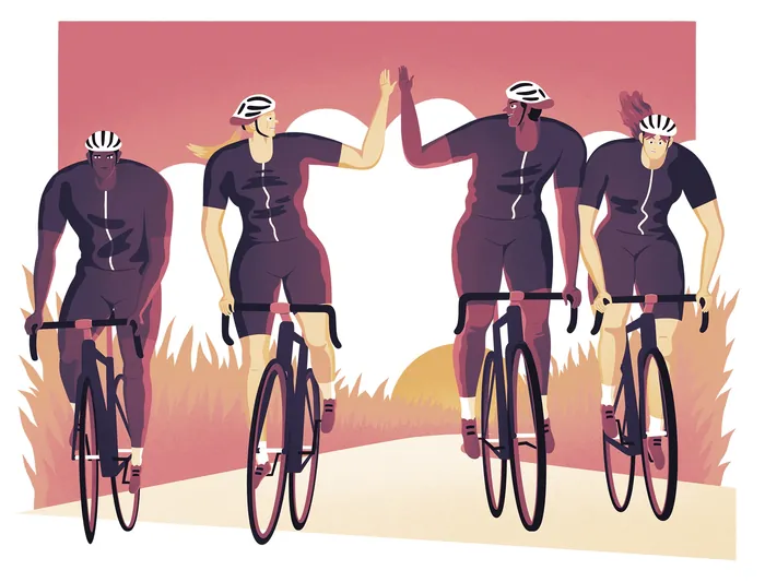 Four cyclists riding together on a road at sunset by Jacob Stead