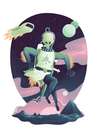Green alien with rocket boots floating in space by Jacob Stead