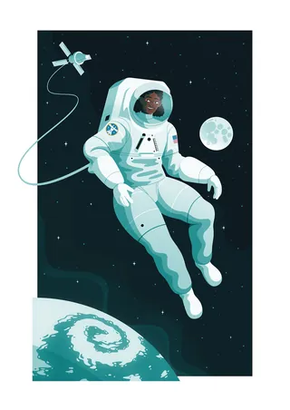 Astronaut floating in space near Earth and Moon by Jacob Stead