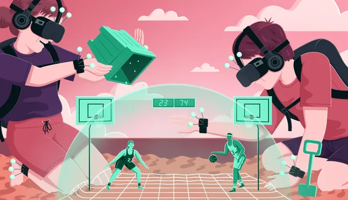 Two players in VR headsets playing virtual reality table tennis game by Jacob Stead