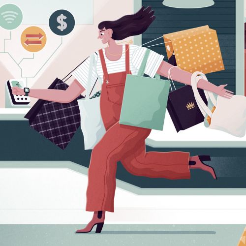 Illustration of a woman carrying multiple shopping bags in a store by Jacob Stead