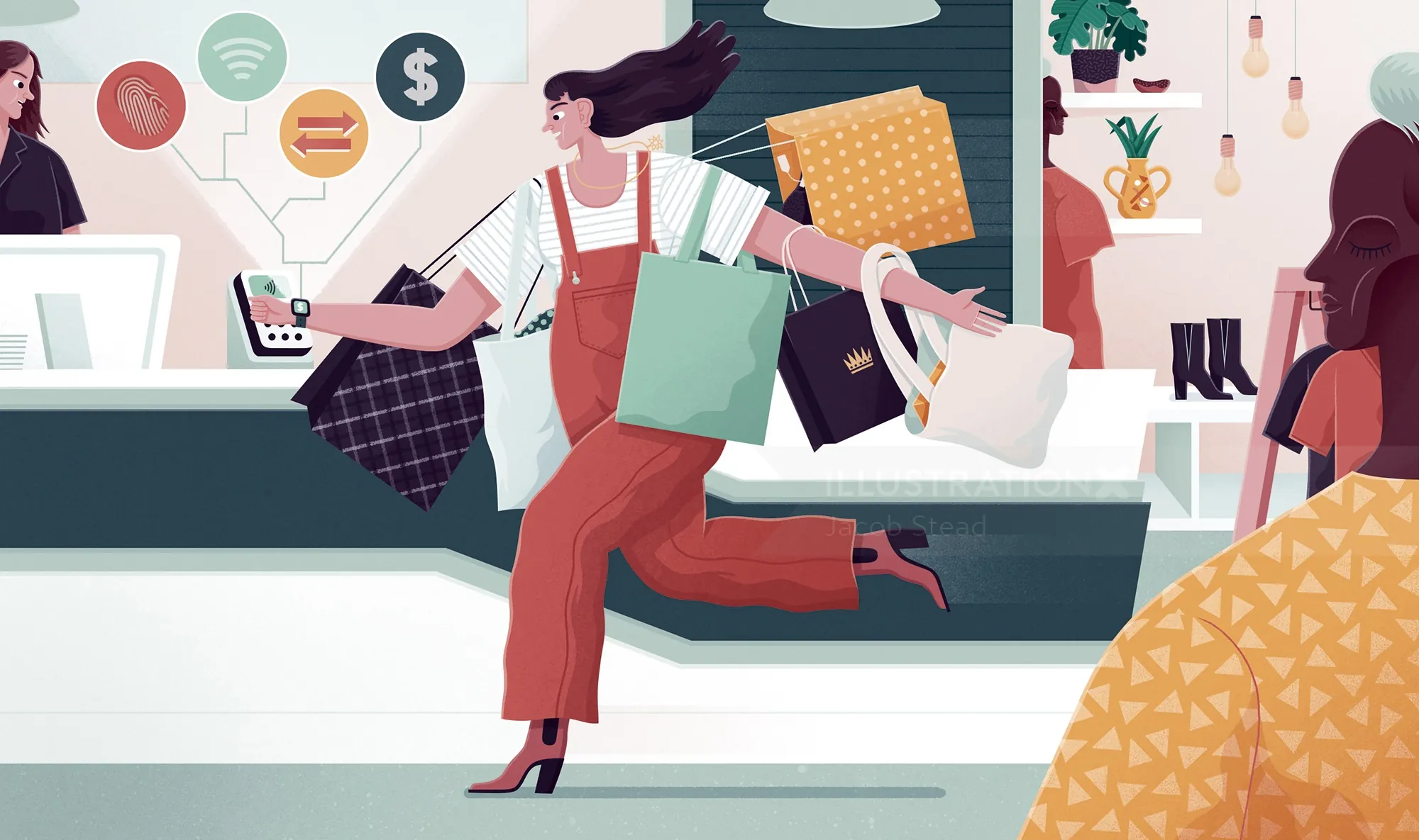 Illustration of a woman carrying multiple shopping bags in a store by Jacob Stead