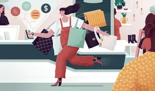 Illustration of a woman carrying multiple shopping bags in a store by Jacob Stead