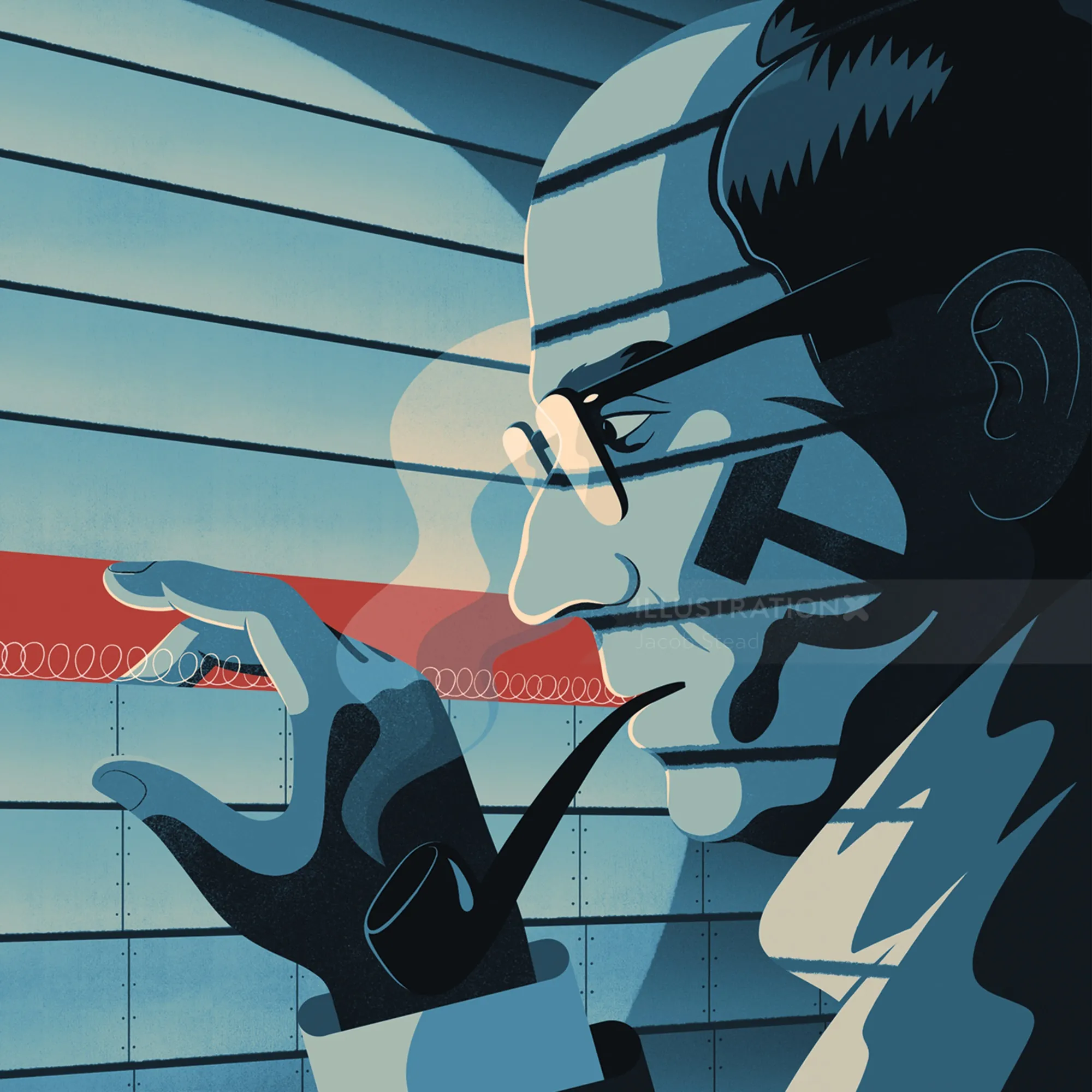 Stylized illustration of man with pipe and glasses near a fence by Jacob Stead