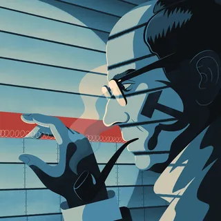 Stylized illustration of man with pipe and glasses near a fence by Jacob Stead