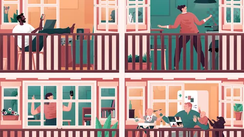 Illustration of people doing home activities viewed from outside with balconies, by Jacob Stead